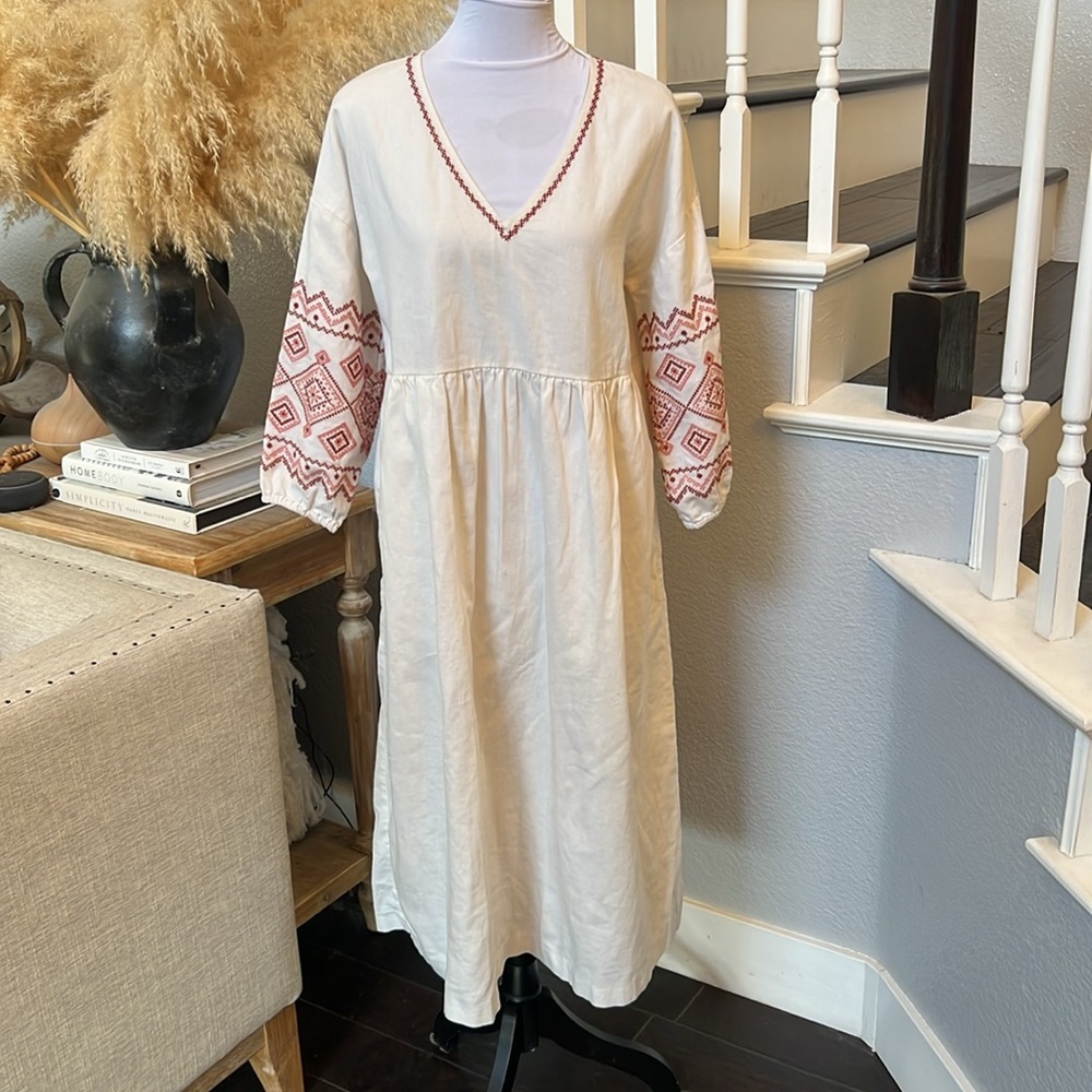 Madewell Linen Blend Embroidered-Sleeve Popover Midi Dress Size Small - Picture 4 of 9